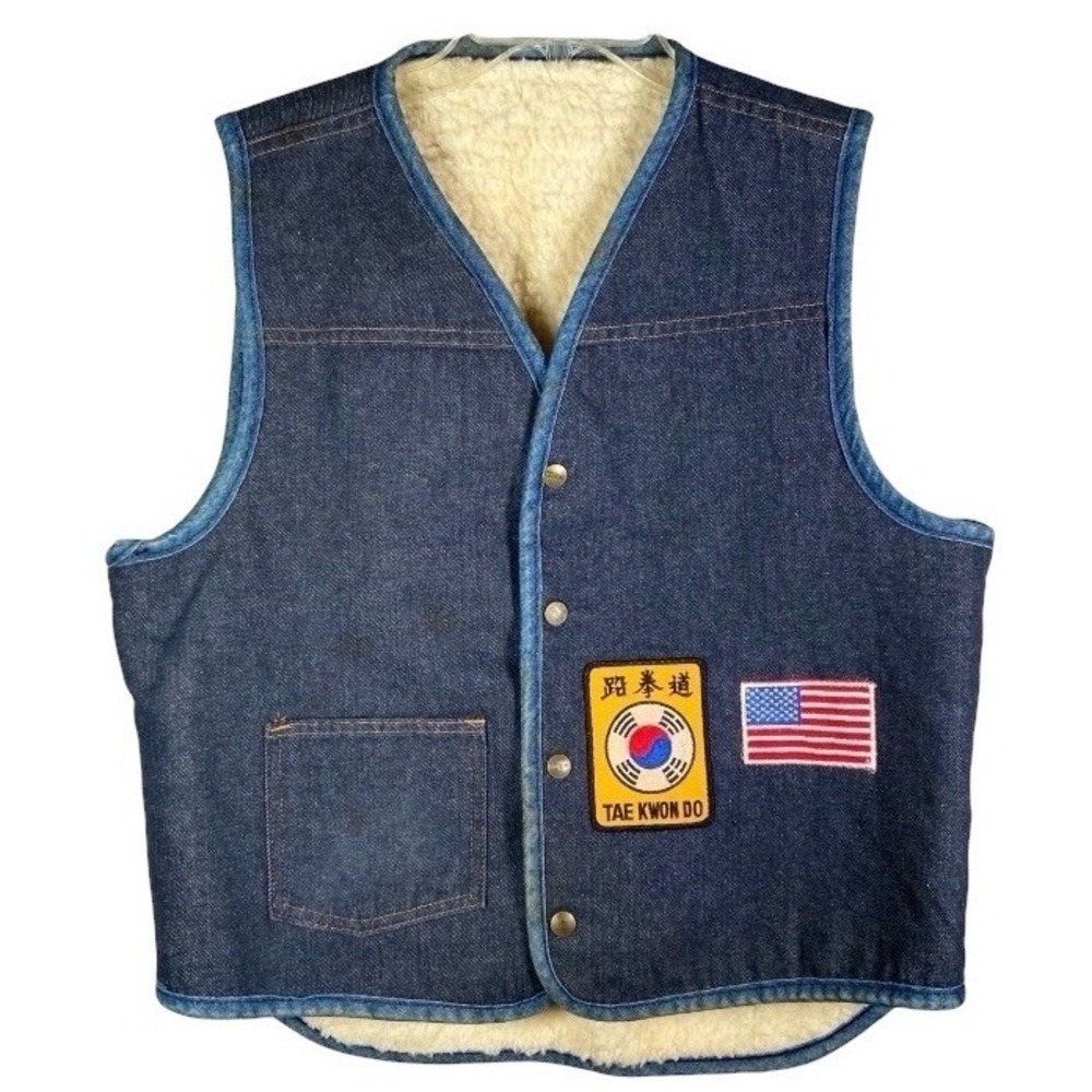 Vintage 90s Carhartt Denim Vest Mens L Blanket Lined Workwear Western Patches